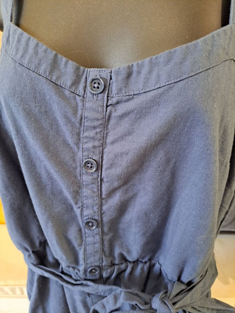 Pact Canopy Picnic Blue Midi Dress Tie Waist Button Front Size L Organic Cotton - Picture 3 of 13